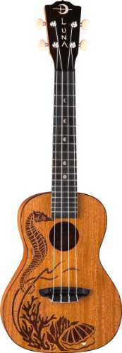 Luna UKEPEARL Seahorse Etched Pearl Inlay Concert Body Ukulele, Rosewood Fingerboard with Gig Bag, Satin